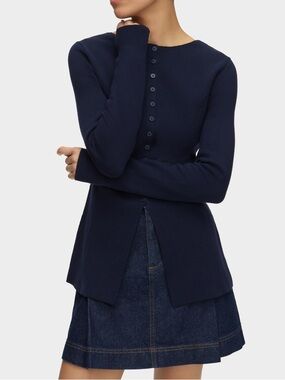 Aligne Daphne Waisted Knit Shirt Button Front Fitted Cardigan Top Navy Blue 4